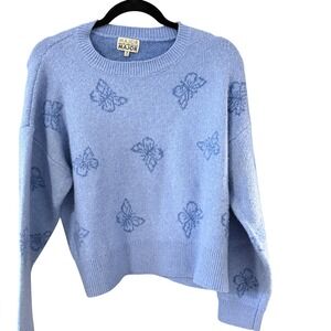 Major Label‎ Group Blue Butterfly Knit Crewneck Sweater Womens Medium Coquette